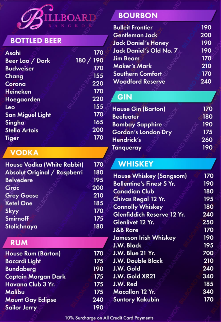 Billboard Bangkok gogo bar price list