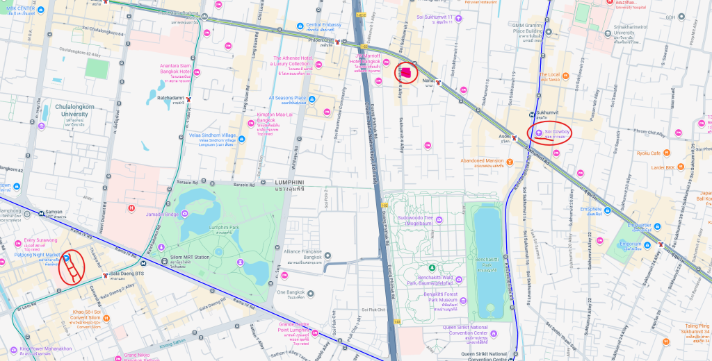Patpong, Nana plaza and Soi cowboy on google maps