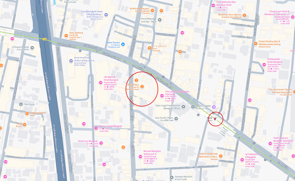 Map showing Nana Plaza location near BTS Nana Station Bangkok