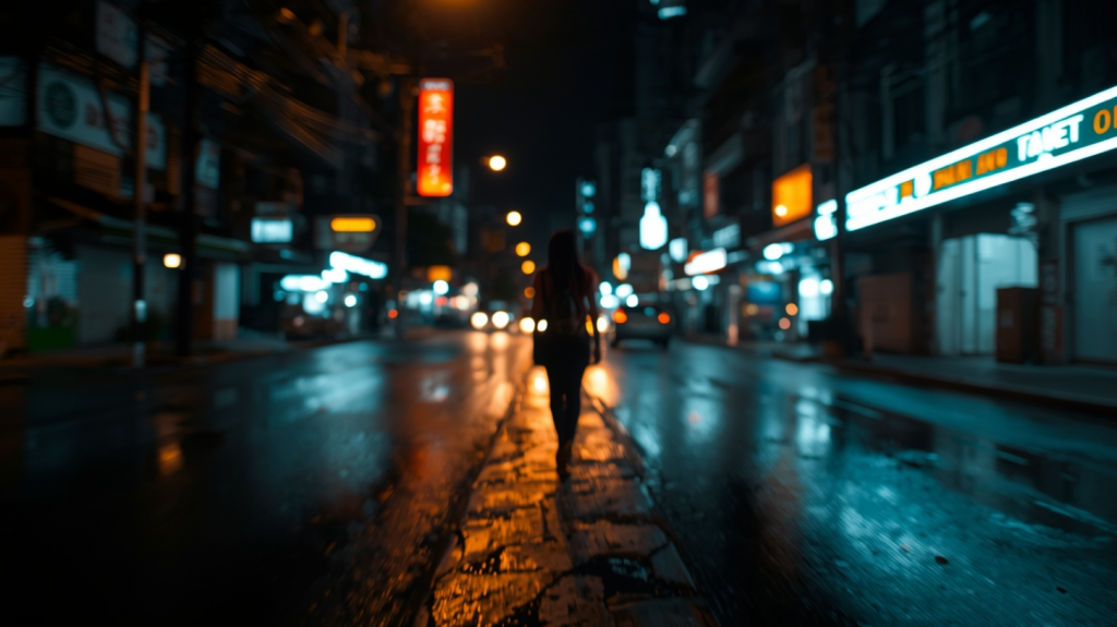 Woman walking in the night streets of Bangkok
